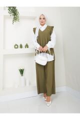Kadın Trend Kumaş Gömlekli Yelekli 3lü Tesettür Takım Haki - 2XL