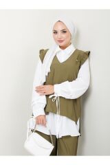 Kadın Trend Kumaş Gömlekli Yelekli 3lü Tesettür Takım Haki - 2XL