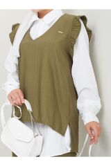 Kadın Trend Kumaş Gömlekli Yelekli 3lü Tesettür Takım Haki - 2XL