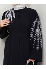 Kadın Yaprak Nakışlı Abaya Ferace Elbise Siyah - 46