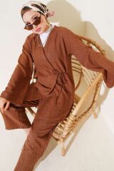Kadın Yandan Bağlamalı Kimono İkili Takım Kahverengi - L/XL