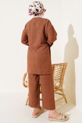 Kadın Yandan Bağlamalı Kimono İkili Takım Kahverengi - L/XL