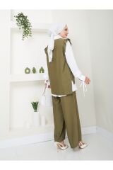Kadın Trend Kumaş Gömlekli Yelekli 3lü Tesettür Takım Haki - XL