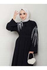 Kadın Yaprak Nakışlı Abaya Ferace Elbise Siyah - 38
