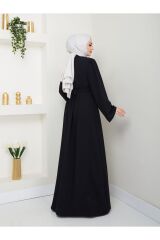 Kadın Yaprak Nakışlı Abaya Ferace Elbise Siyah - 38