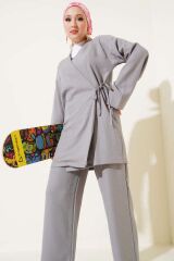 Kadın Yandan Bağlamalı Kimono İkili Takım Gri - S/M