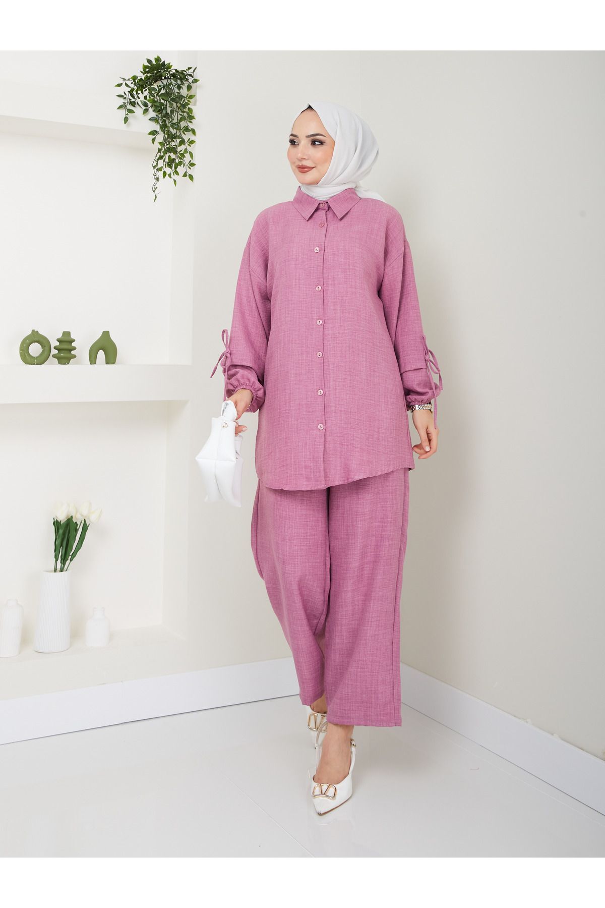 Kadın Düğmeli Keten İkili Takım PUDRA - L