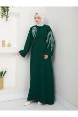 Kadın Yaprak Nakışlı Abaya Ferace Elbise ZÜMRÜT - 40