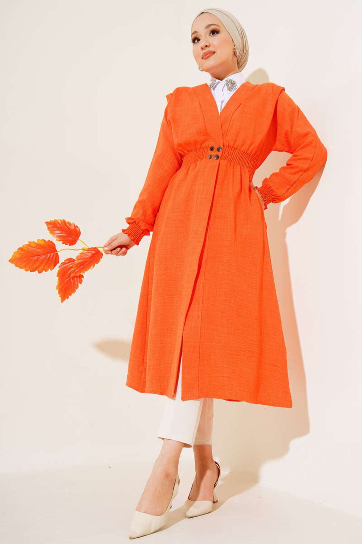 Kadın Bel Gipeli Çıtçıt Düğmeli Kap Oranj - XL