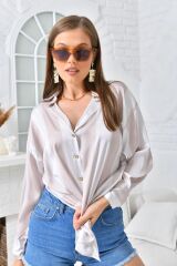 Kadın Kalın Çizgili Saten Gömlek Bej - 40