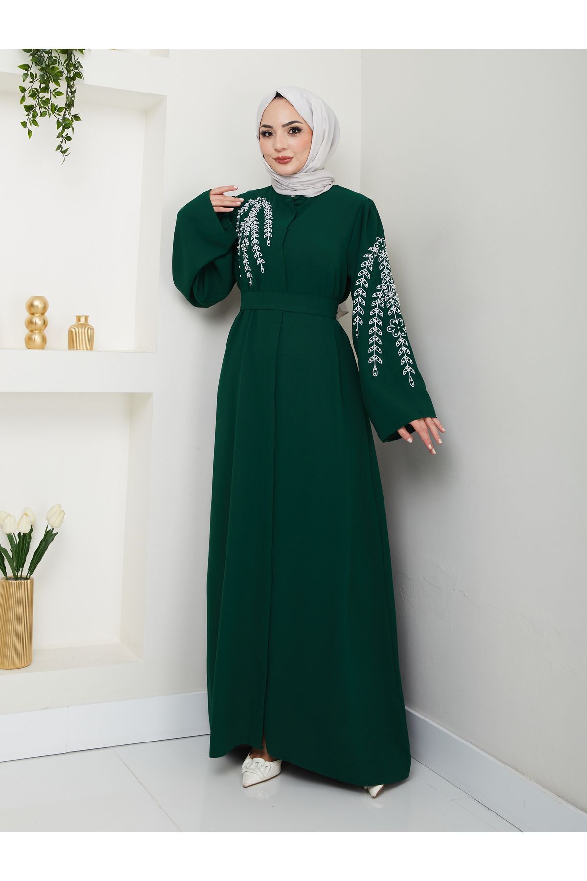 Kadın Yaprak Nakışlı Abaya Ferace Elbise ZÜMRÜT - 48