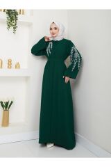 Kadın Yaprak Nakışlı Abaya Ferace Elbise ZÜMRÜT - 48