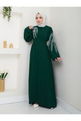 Kadın Yaprak Nakışlı Abaya Ferace Elbise ZÜMRÜT - 38