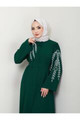 Kadın Yaprak Nakışlı Abaya Ferace Elbise ZÜMRÜT - 42