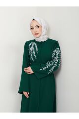 Kadın Yaprak Nakışlı Abaya Ferace Elbise ZÜMRÜT - 42