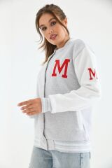 Unisex Nakışlı Kolej Ceket Gri Beyaz - 38