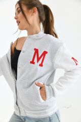 Unisex Nakışlı Kolej Ceket Gri Beyaz - 36