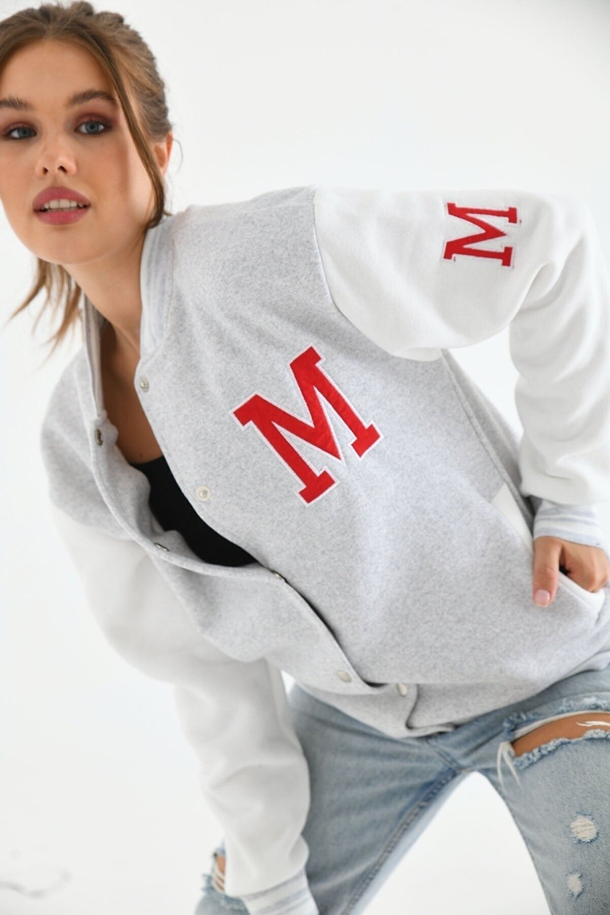 Unisex Nakışlı Kolej Ceket Gri Beyaz - 42