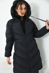 Yanı Fermuarlı Kapüşonlu Şişme Mont Siyah - 40