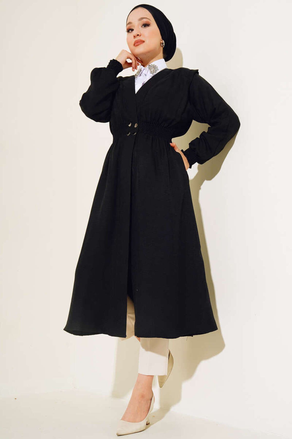 Kadın Bel Gipeli Çıtçıt Düğmeli Kap Siyah - S