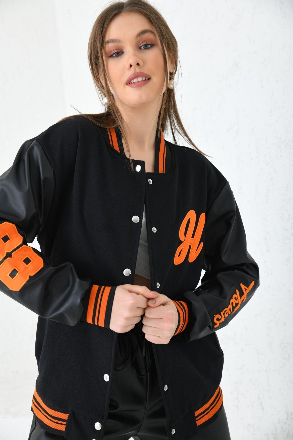 Unisex Nakışlı Kolej Ceket Siyah Turuncu - M