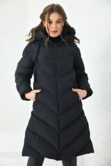 Yanı Fermuarlı Kapüşonlu Şişme Mont Siyah - XL