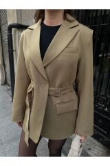 Kadın Kemer Detaylı Astarlı Blazer Ceket
