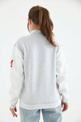 Unisex Nakışlı Kolej Ceket Gri Beyaz - XL