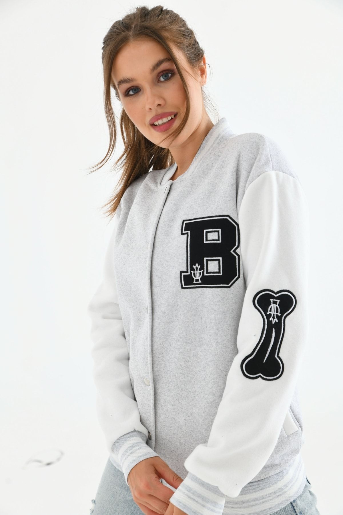 Unisex Nakışlı Kolej Ceket Beyaz Siyah - XL