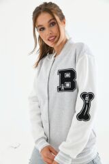 Unisex Nakışlı Kolej Ceket Beyaz Siyah - XL