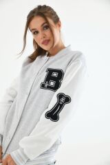 Unisex Nakışlı Kolej Ceket Beyaz Siyah - XL