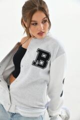Unisex Nakışlı Kolej Ceket Beyaz Siyah - XL