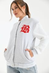 Unisex Nakışlı Kolej Ceket Gri Kırmızı - M