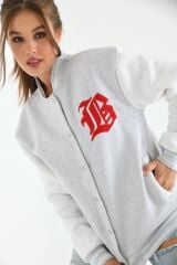 Unisex Nakışlı Kolej Ceket Gri Kırmızı - M