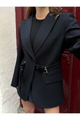 Kadın Kemer Detaylı Astarlı Blazer Ceket Siyah - L