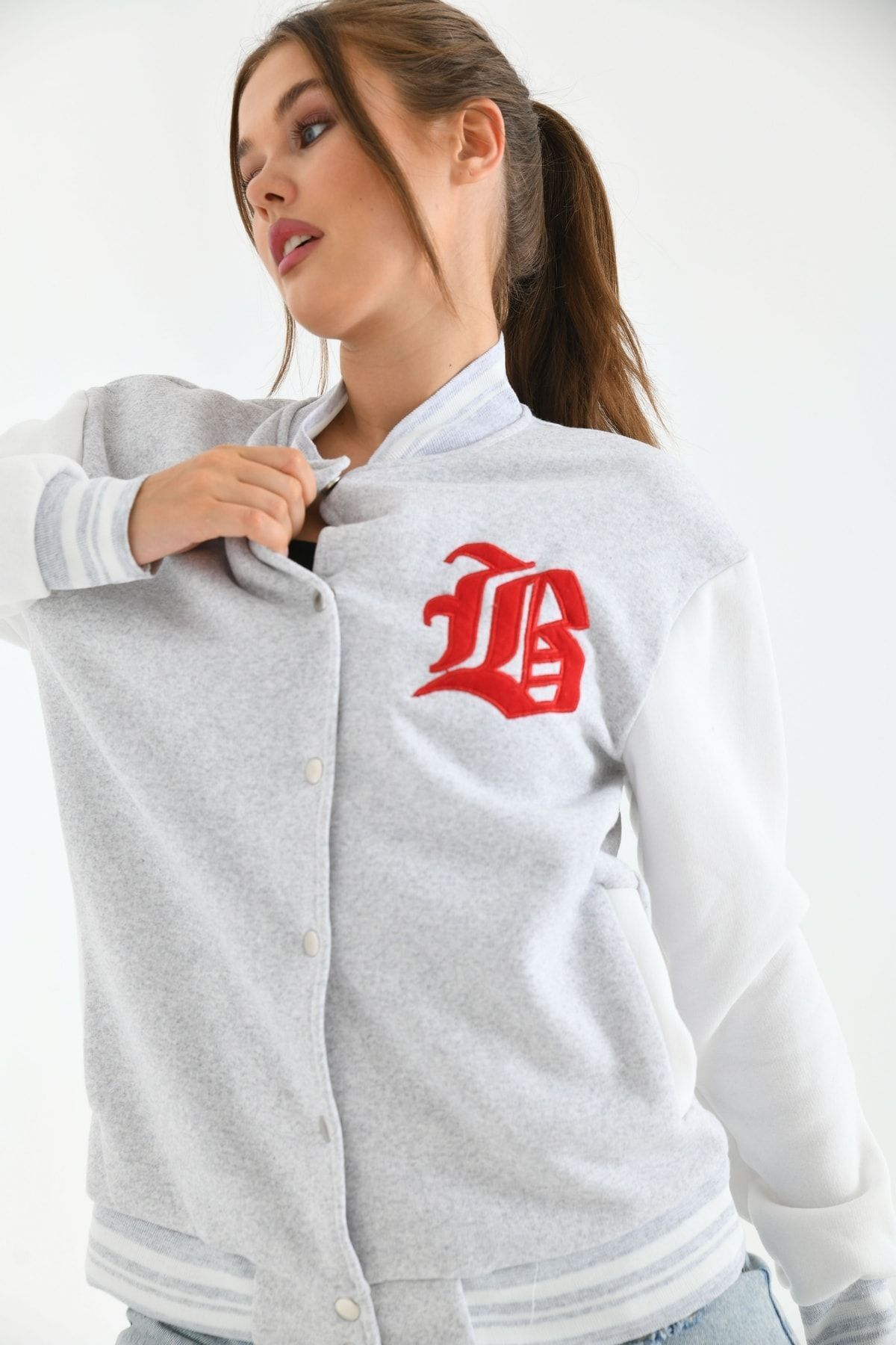 Unisex Nakışlı Kolej Ceket Gri Kırmızı - L