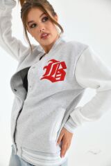 Unisex Nakışlı Kolej Ceket Gri Kırmızı - L