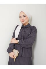 Kadın Çizgili Bel Büzgülü Etekli Takım Gri - 2XL