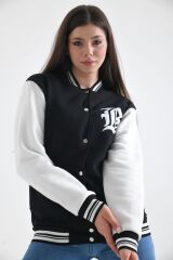 Unisex Nakışlı Kolej Ceket Siyah Beyaz - L