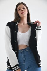 Unisex Nakışlı Kolej Ceket Siyah Beyaz - L