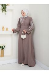 Kadın Yaprak Nakışlı Abaya Ferace Elbise VİZON - 38
