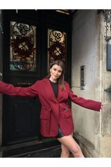 Kadın Kemer Detaylı Astarlı Blazer Ceket Bordo - M