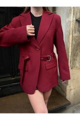 Kadın Kemer Detaylı Astarlı Blazer Ceket Bordo - M