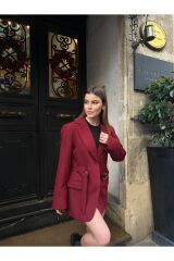 Kadın Kemer Detaylı Astarlı Blazer Ceket Bordo - M