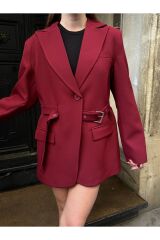 Kadın Kemer Detaylı Astarlı Blazer Ceket Bordo - M
