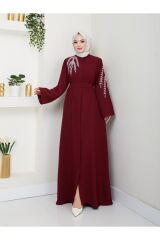 Kadın Yaprak Nakışlı Abaya Ferace Elbise Bordo - 38