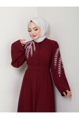 Kadın Yaprak Nakışlı Abaya Ferace Elbise Bordo - 38