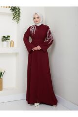 Kadın Yaprak Nakışlı Abaya Ferace Elbise Bordo - 38