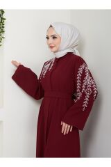 Kadın Yaprak Nakışlı Abaya Ferace Elbise Bordo - 38