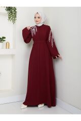 Kadın Yaprak Nakışlı Abaya Ferace Elbise Bordo - 38